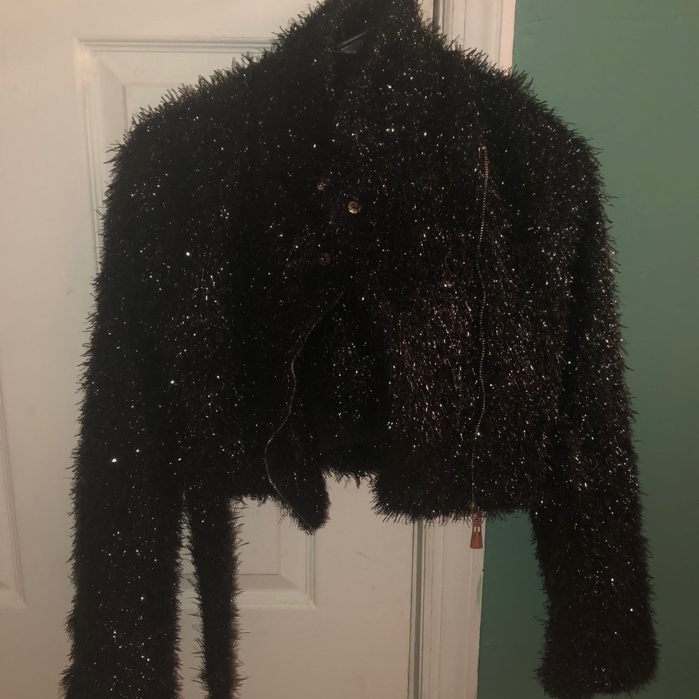 Black fuzzy two piece skirt set